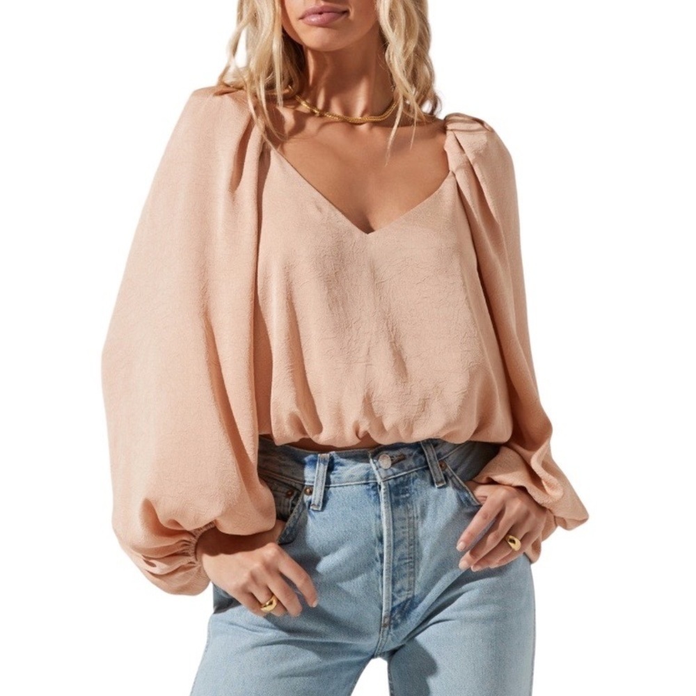 ASTER THE LABEL Cally Puff Long Sleeve Cropped Hem Top Size Small in Blush